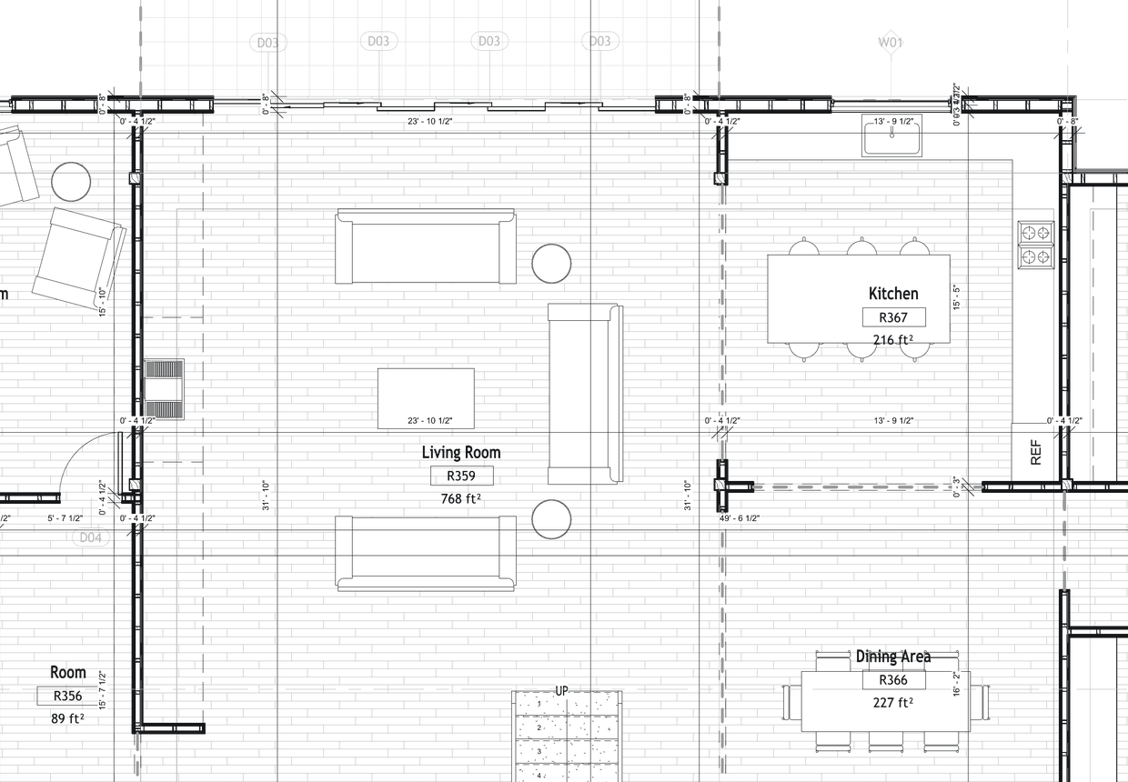 Detail of the ground floor plan of The Long House: living room, kitchen and stair